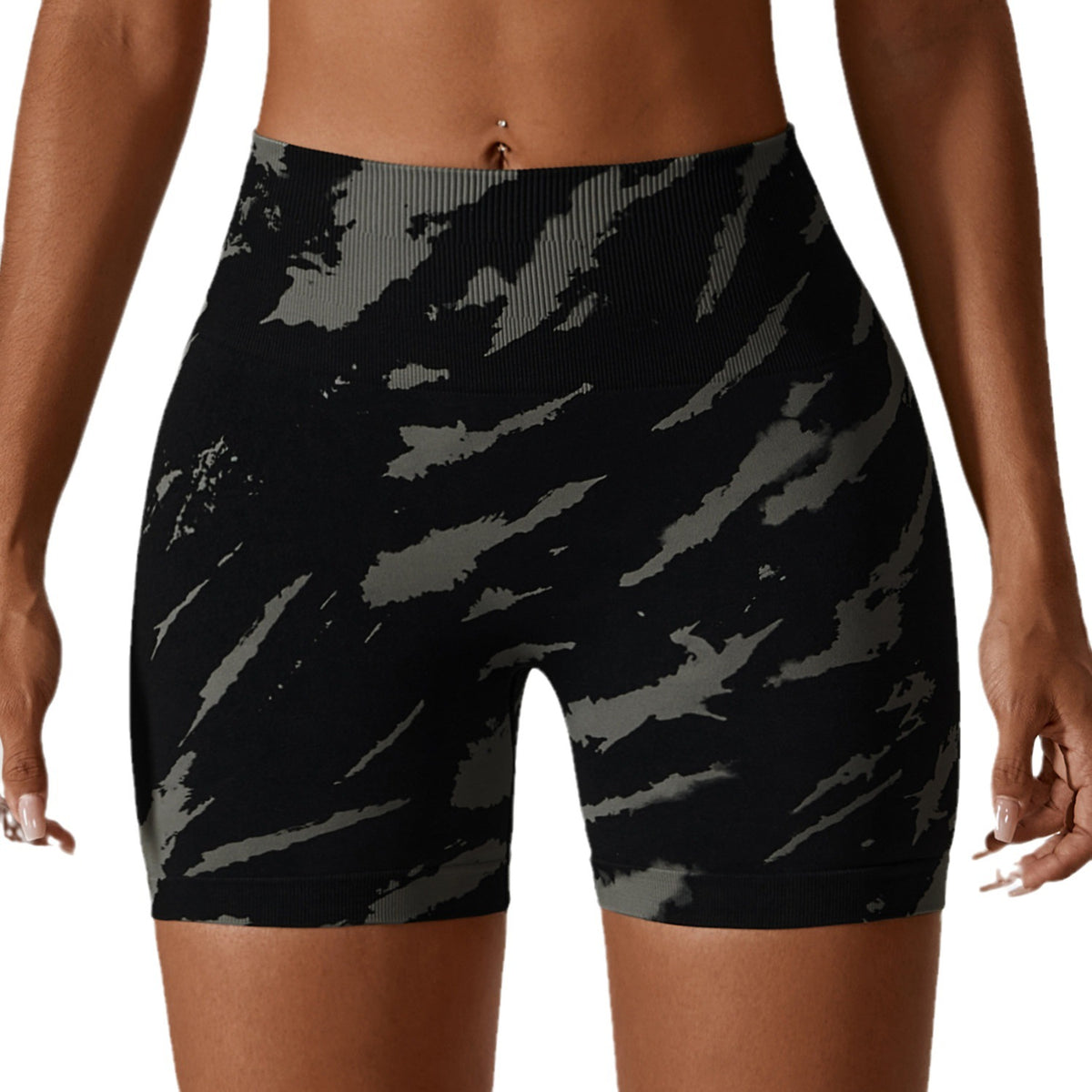 HIRUCE Women Seamless Tie Dye Leopard Print Elastic Digital Print Three Point Yoga Shorts